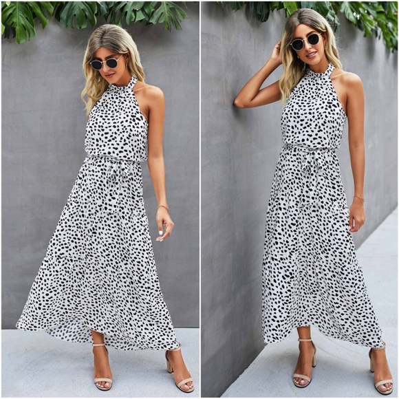 Dresses & Skirts - boho dalmatian dot halter maxi dress tie white